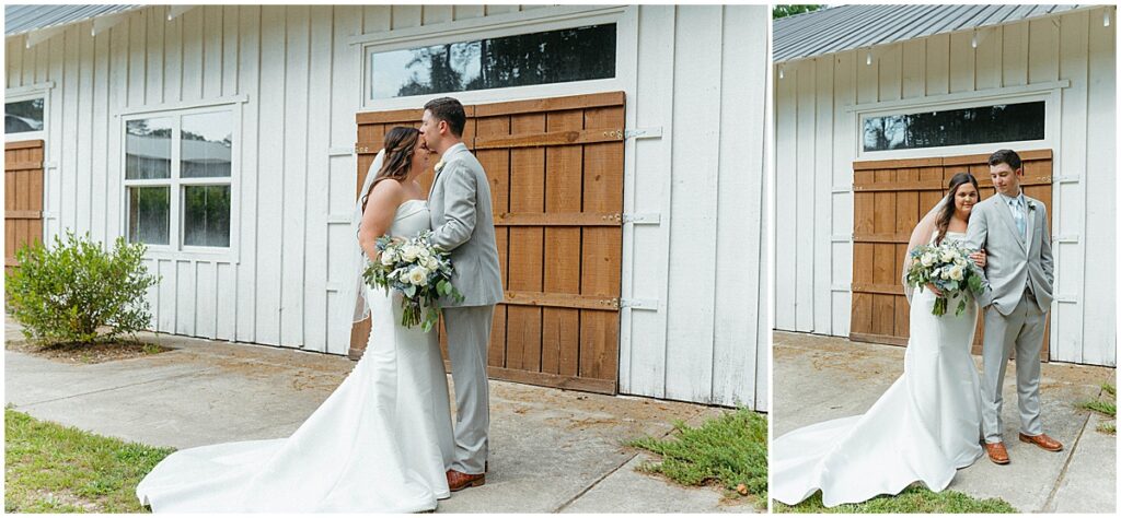 bride and groom at elegant white barn wedding