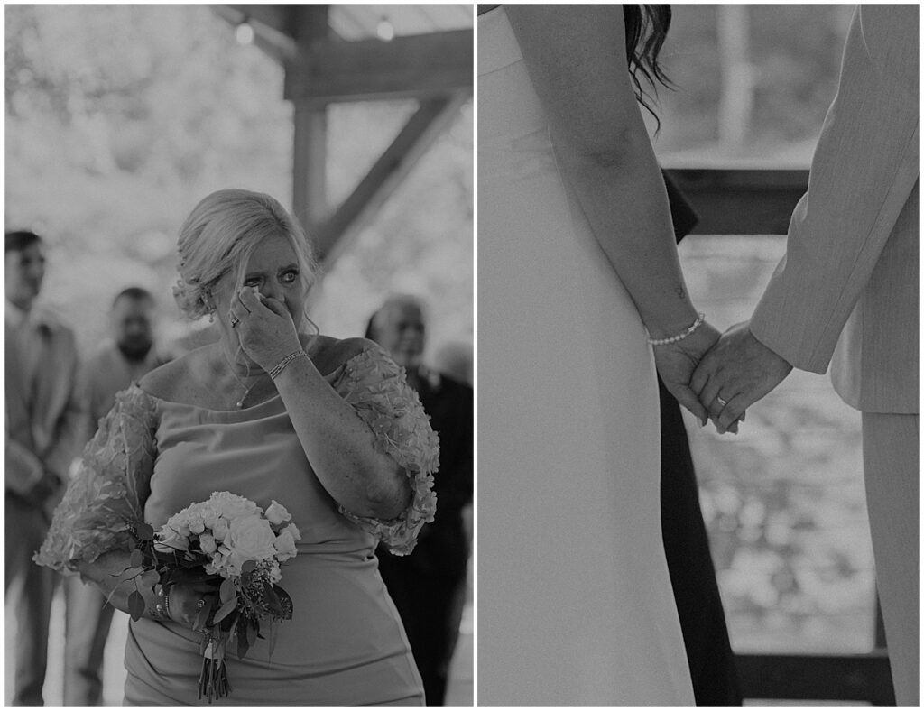 black and white image of wedding ceremony at Koury Farms