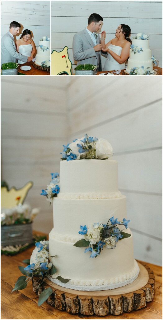 3 tiered wedding cake on set on a log round