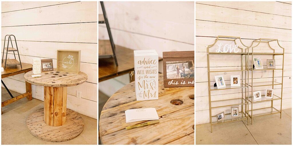 Wedding reception decor including guest book table and framed photos