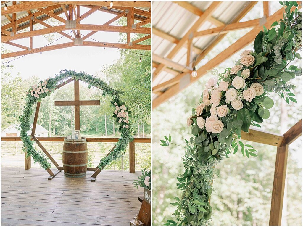 Wedding arbor decorated with greenery and white florals
