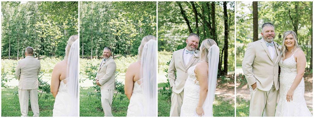 Bride's first look with her father and green and white wedding