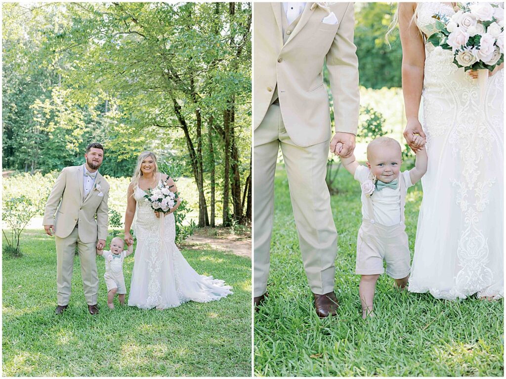 bride and groom portraits with baby son
