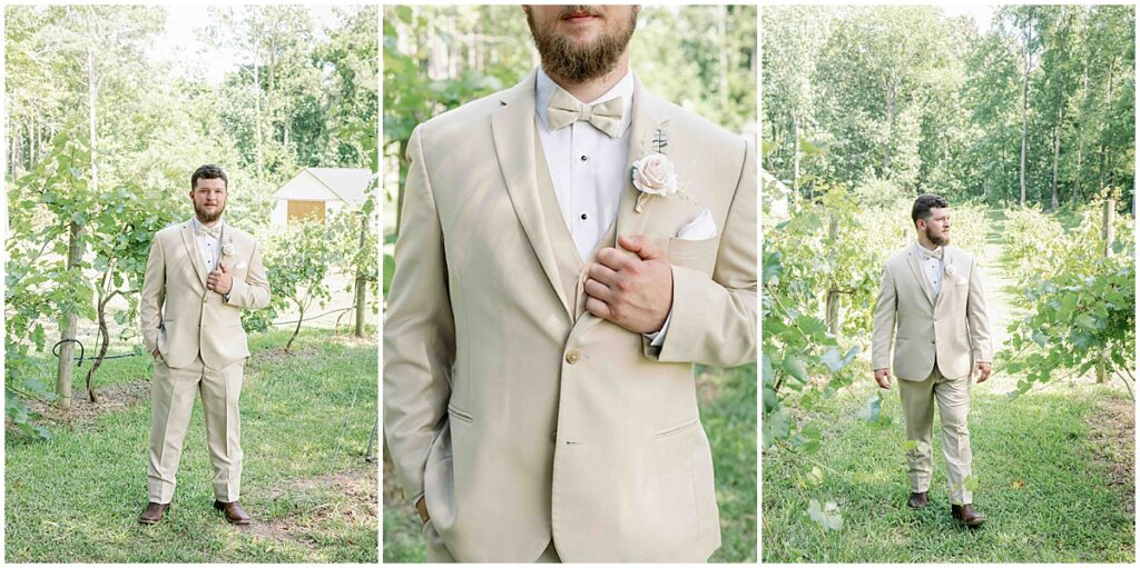 Groom portraits in vineyard at green and white wedding at Koury Farms