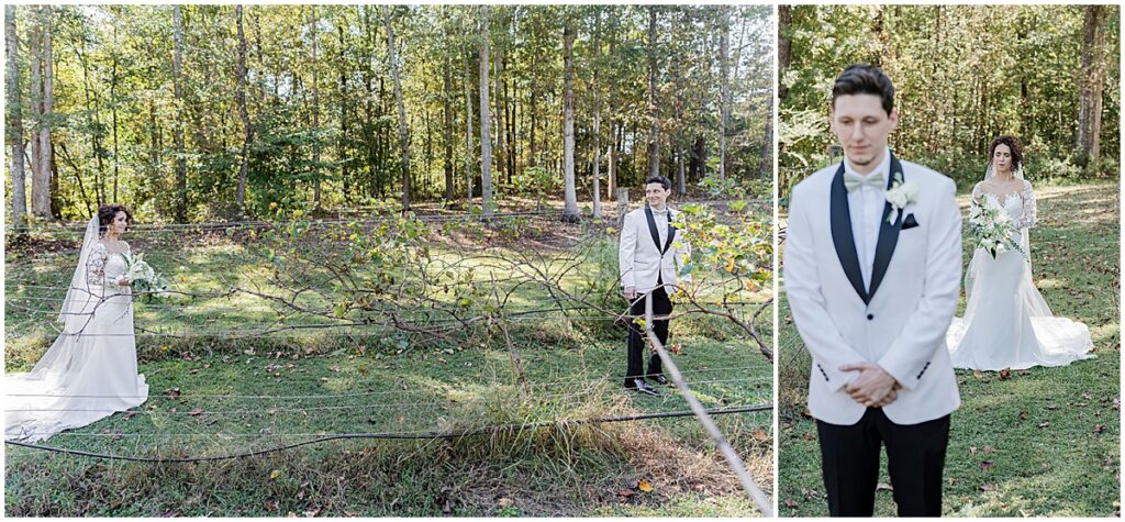 First look location ideas - overlooking the wooded area at Koury Farms Weddings