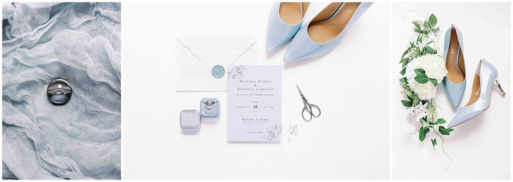wedding details including blue bride shoes, invitations and wedding rings to match light blue and navy wedding theme