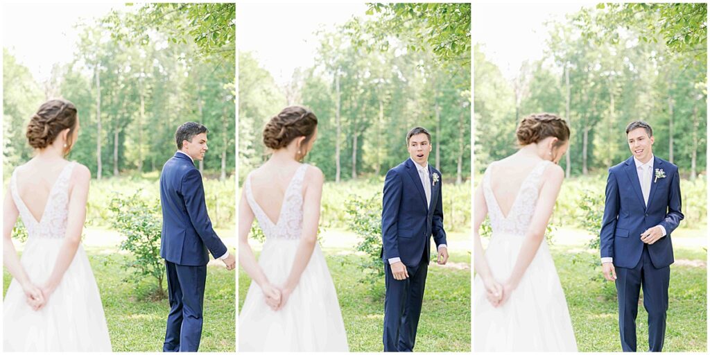 bride and groom first look at koury farms light blue and navy wedding