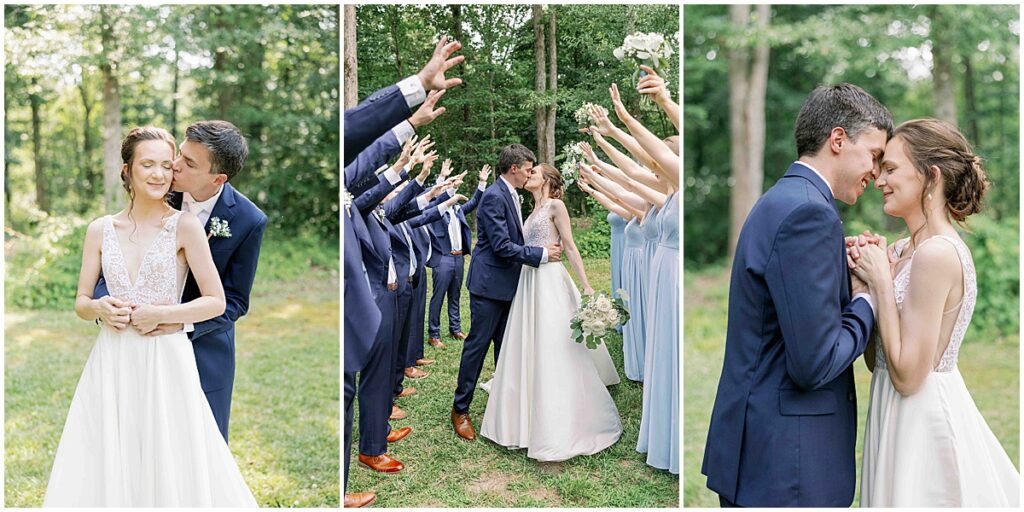 bride and groom under arch of bridesmaids and groomsmen