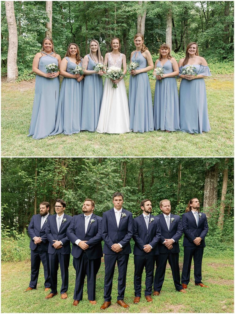 bridesmaids in light blue dresses and groomsmen in dark blue suits to match light blue and navy wedding theme