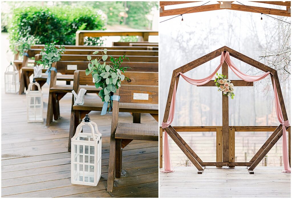 Wedding decor including lanterns and hexagon ceremony centerpiece with pink draping.