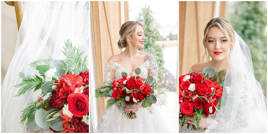 Bride holding bright red florals for winter wedding at Koury Farms