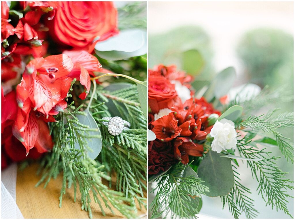 Red florals and pine tree branches