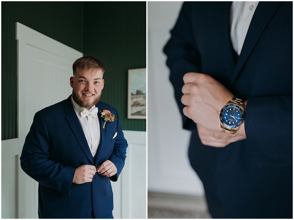 Groom getting ready wearing dark blue suit and watch