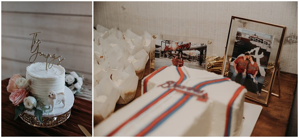 Wedding cakes including a white cake with a dog figurine and an Atlanta Braves cake
