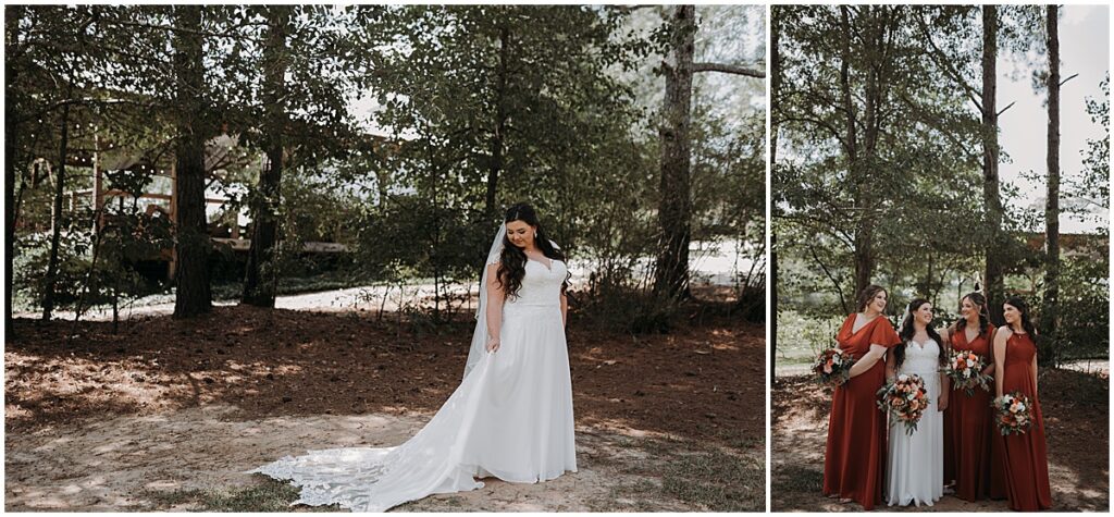 Bridal portraits and bride with bridesmaids in the wooded area at Koury Farms