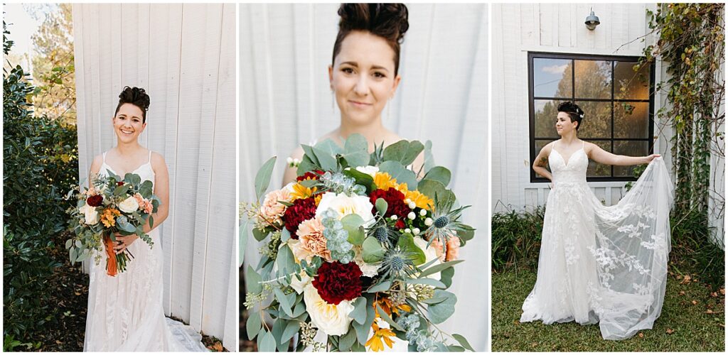 Bridal portraits holding bright fall colored bouquet