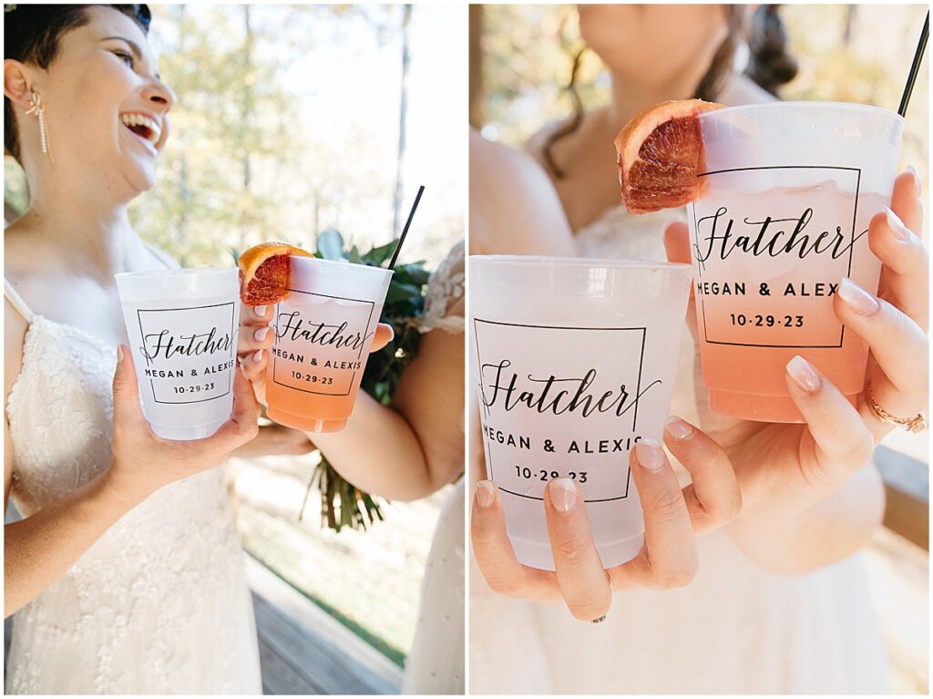 Signature cocktails in customized tumblers with wedding details