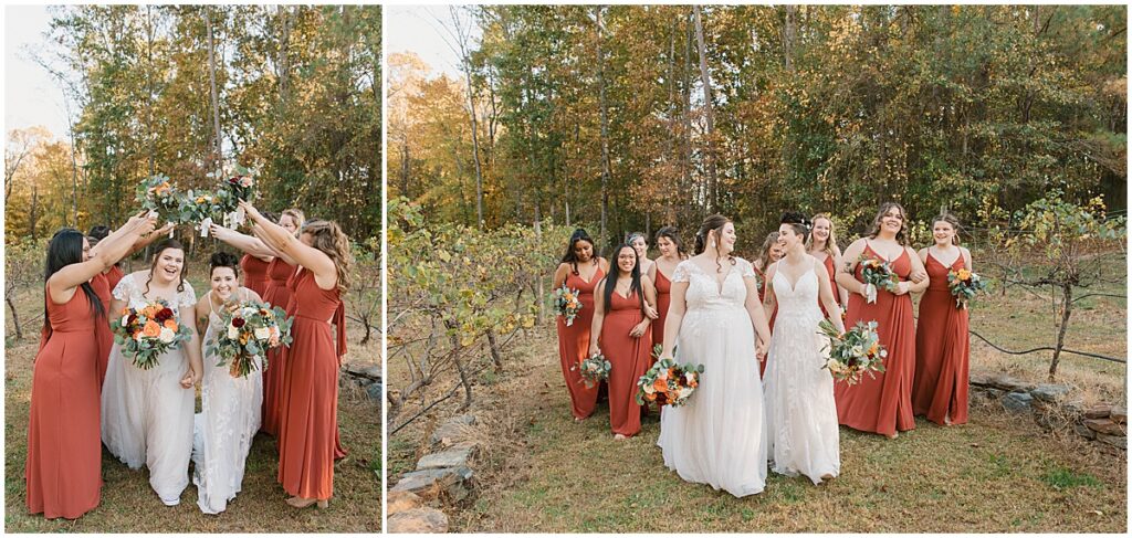 Brides with bridal party in burnt orange dresses