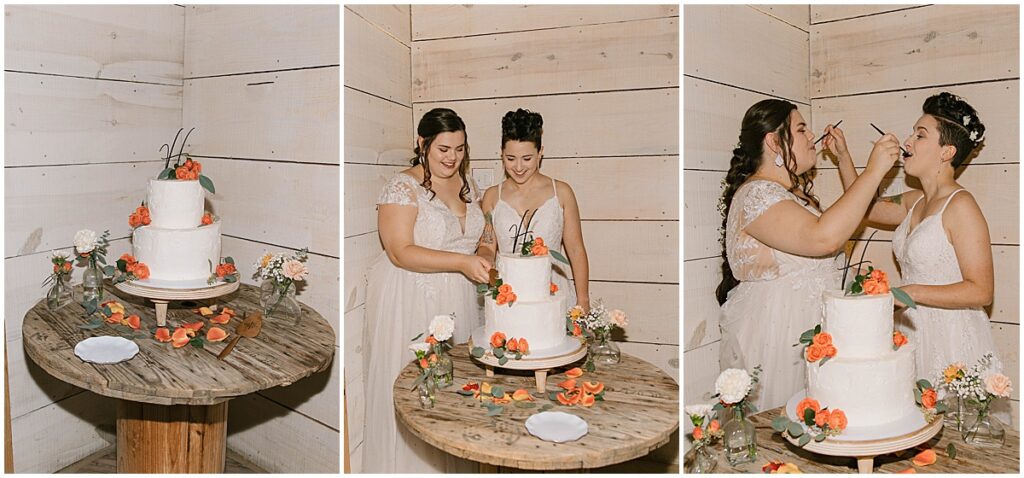 Brides cutting their wedding cake and feeding it to each other