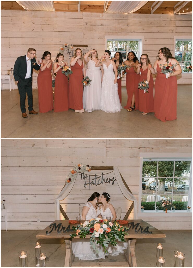 Brides with bridal party and sitting at a sweetheart table