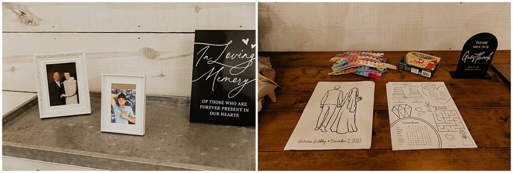 In loving menu table and kids activities for wedding reception