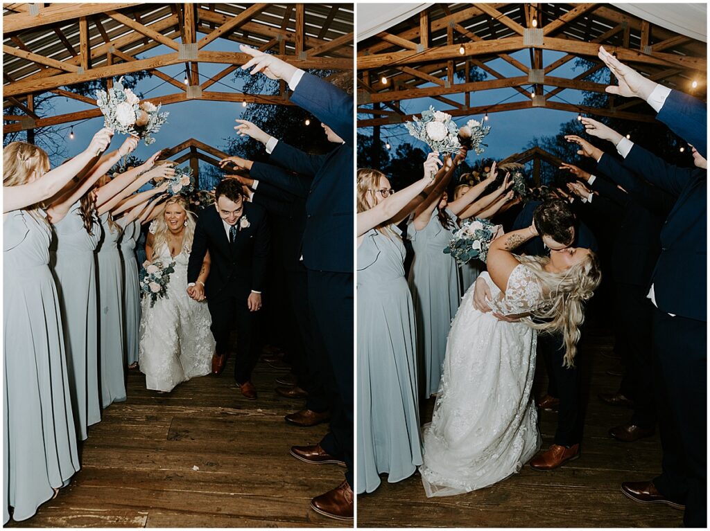 bride and groom under arch of bridal party at boho winter wedding