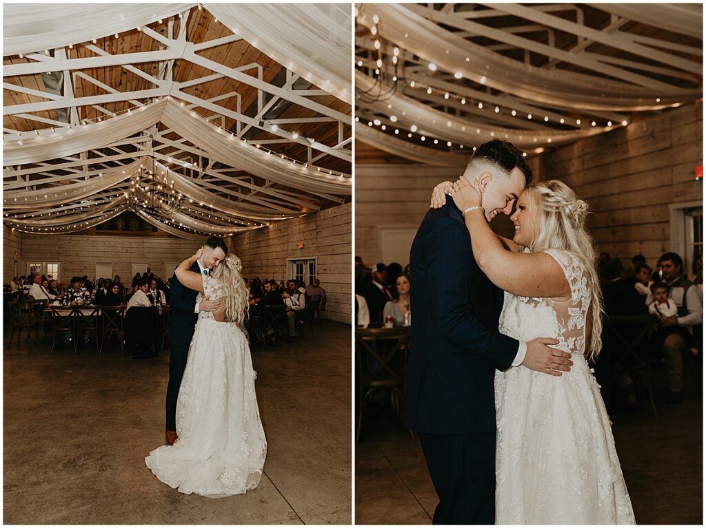 Bride and groom first dance at boho winter wedding