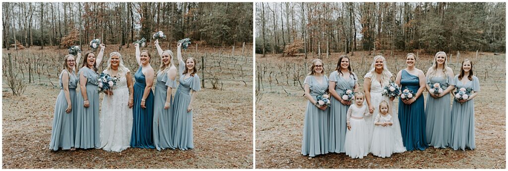 Bride with bridesmaids wearing icy blue dresses for boho winter wedding at Koury Farms