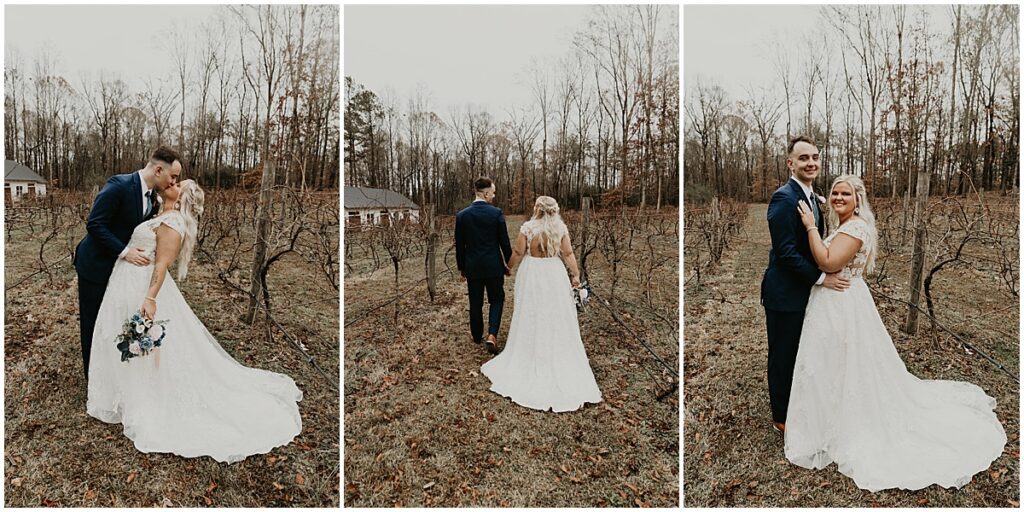 Bride and groom wedding portraits in the grounds of Koury Farms at boho winter wedding