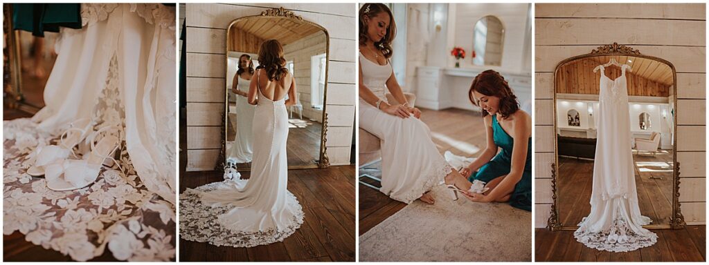 Bride's lace dress, bridesmaid helping bride with shoe