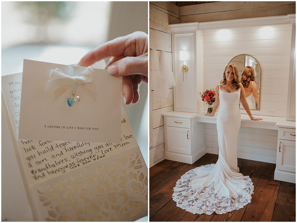 Bride ready for wedding. Letter from bride's mother with keepsake