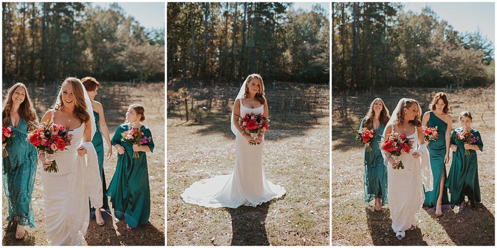 Bride with bridesmaids wearing emerald green dresses and carrying Fuschia bouquets