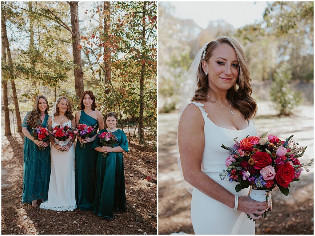 Bride with bridesmaids wearing emerald green dresses and carring fuschia colored bouquets