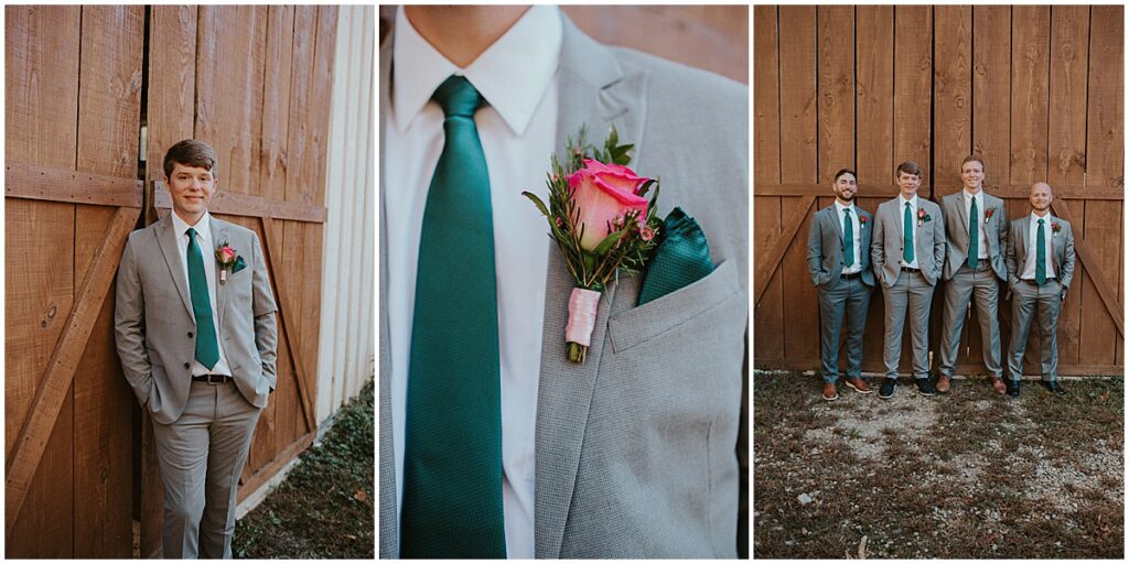 Groom with groomsmen wearing grey suits and emerald green ties with bright pink roses as boutonnieres
