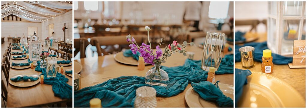 Wedding reception tables with emerald green table runners and vibrant florals