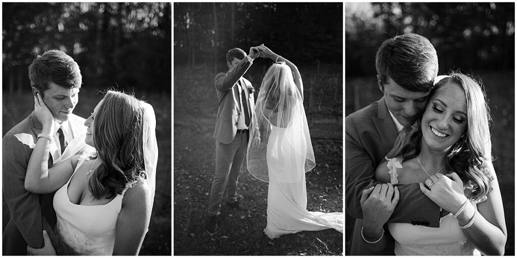 Black and white shots of bride and groom in the grounds of koury farms wedding venue