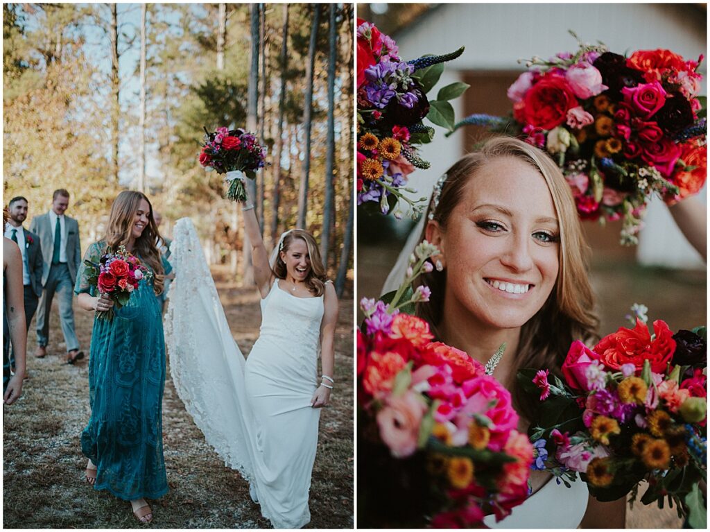 Bride surrounded by emerald green and fuschia wedding florals