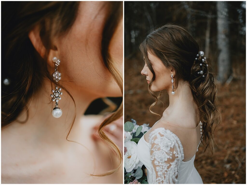 Bride close up of crystal and pearl earrings, lace dress with pearls in hair