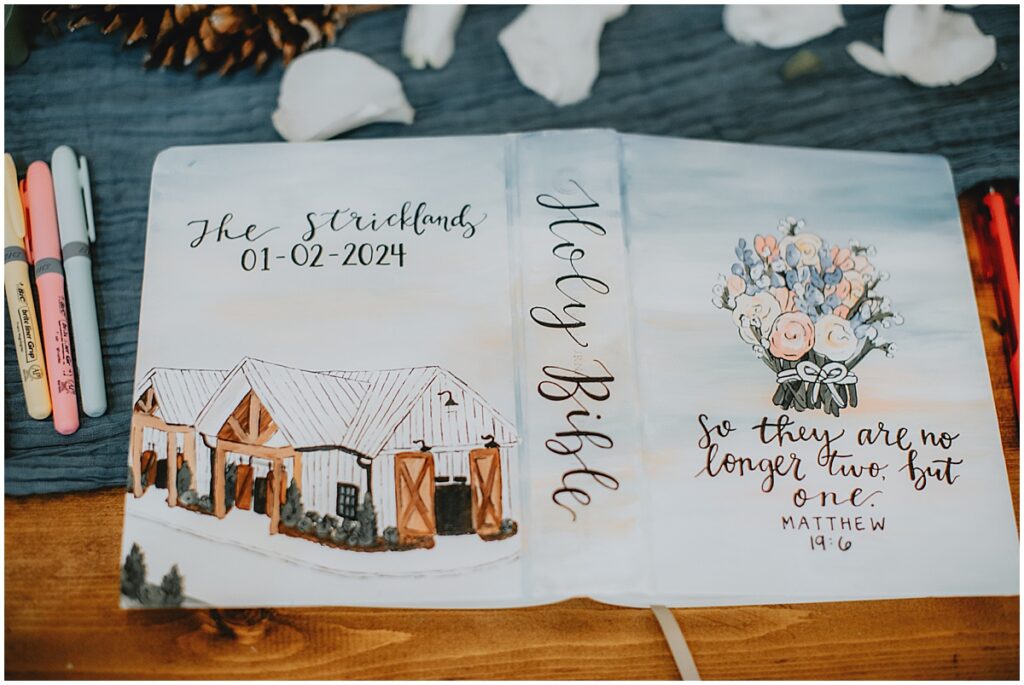 Bride and groom wedding guestbook idea of bible for guests to sign