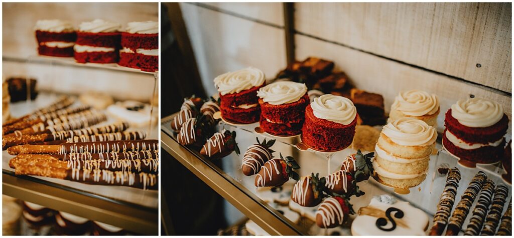 Cakes and dessert items for whimsical winter wedding at Koury Farms, North Georgia
