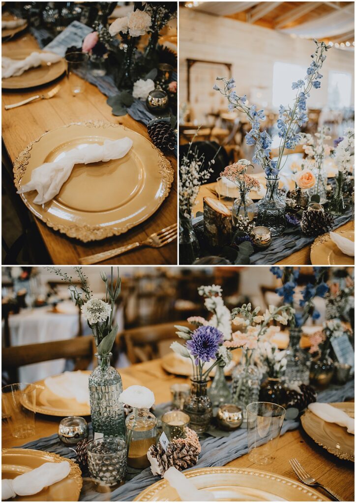 Wedding reception decor including gold plates, knot napkins, pinecones and blue florals