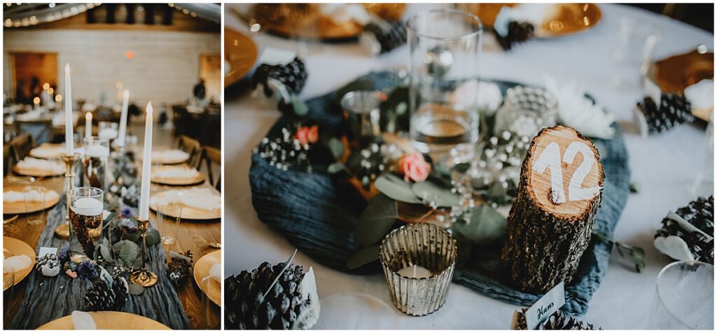 Wooden logs with table numbers, floating candles and pinecones for whimsical winter wedding at Koury Farms, North Georgia