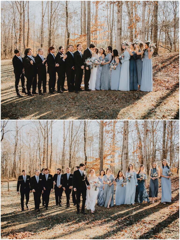 Bride and groom with bridal party in the grounds of koury farms wedding venue in North Goergia