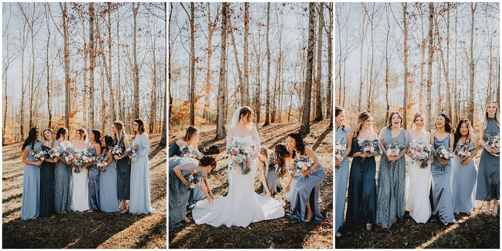 Bride with bridesmaids wearing blue dresses in the grounds of koury farms wedding venue in North Georgia.