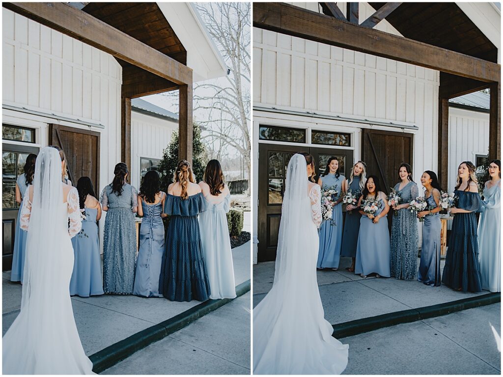 Brides first look with bridesmaids for whimsical winter wedding at Koury Farms, North Georgia