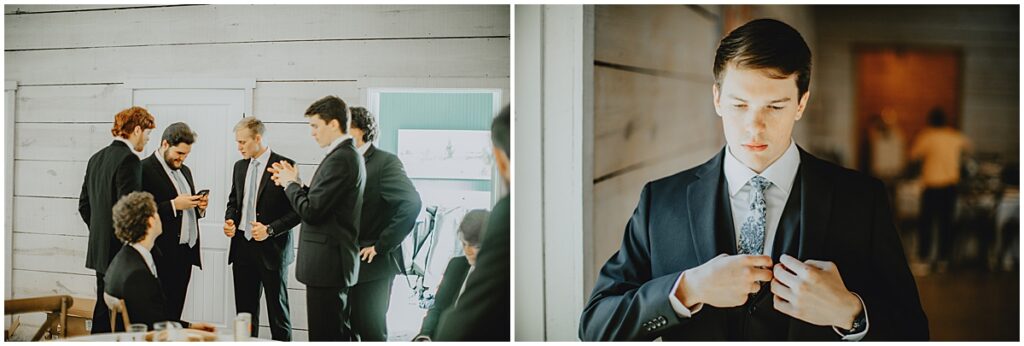 Groom getting ready for wedding day with groomsmen at Koury Farms wedding venue