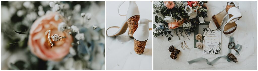 Wedding details including florals, rings, shows and other accessories