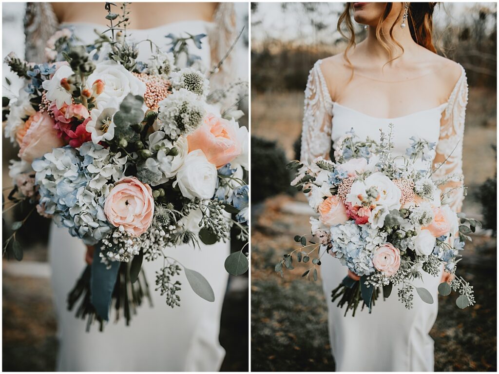 Bridal portraits holding bouquet of white, peach blue and green florals