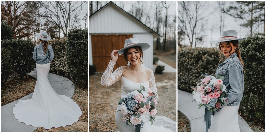 Bride wearing hat and personalized denim jacket on wedding day at Koury Farms wedding venue