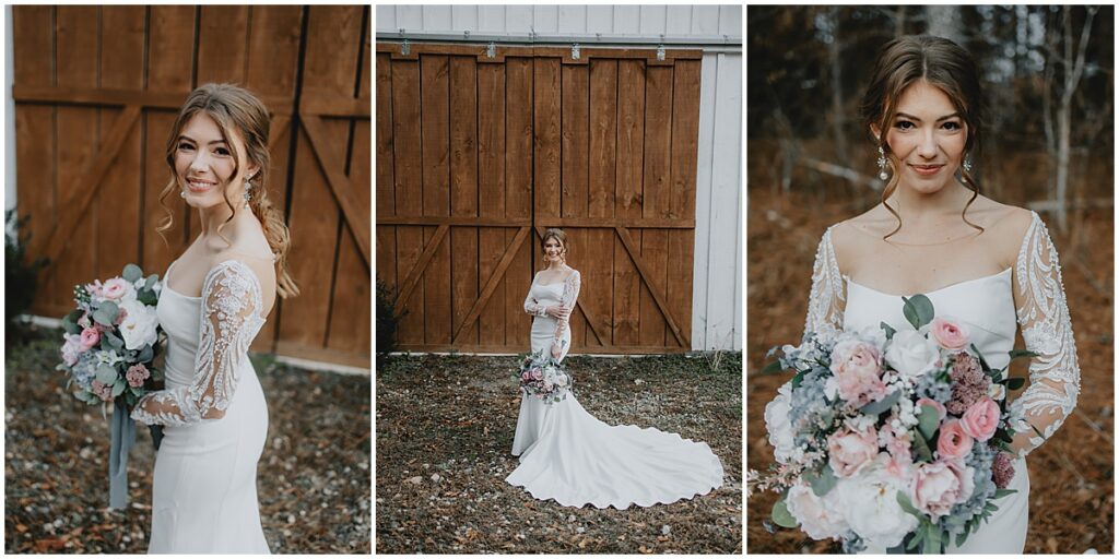 Bride outside white barn for whimsical winter wedding at Koury Farms, North Georgia